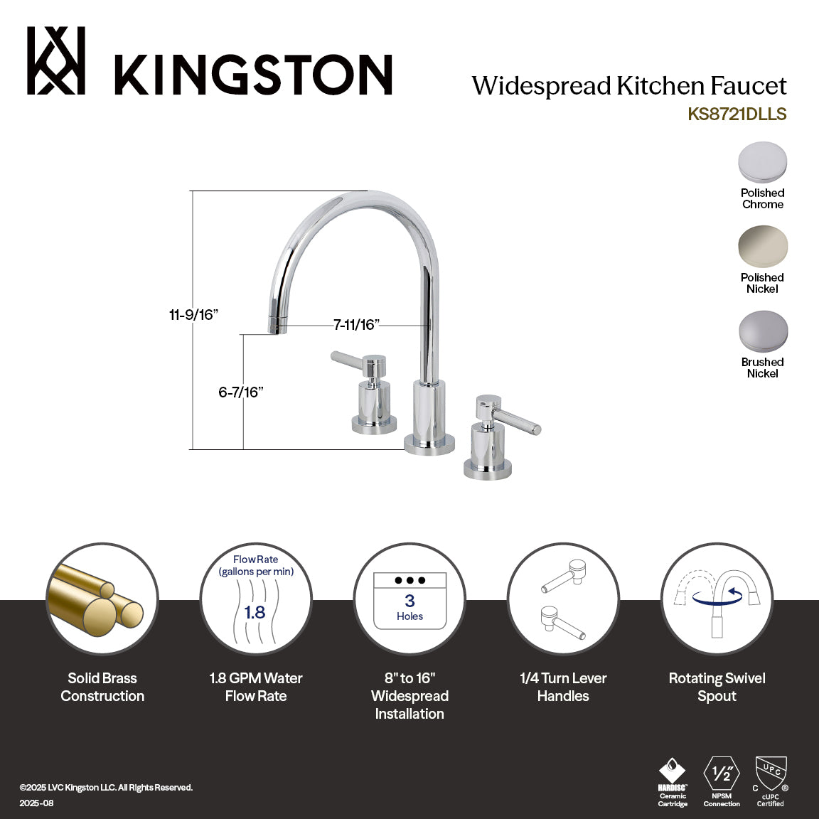 Kingston Sona KS8726DLLS - Concord Double-Handle 3-Hole Widespread Kitchen Faucet, Polished Nickel — thumbnail 2